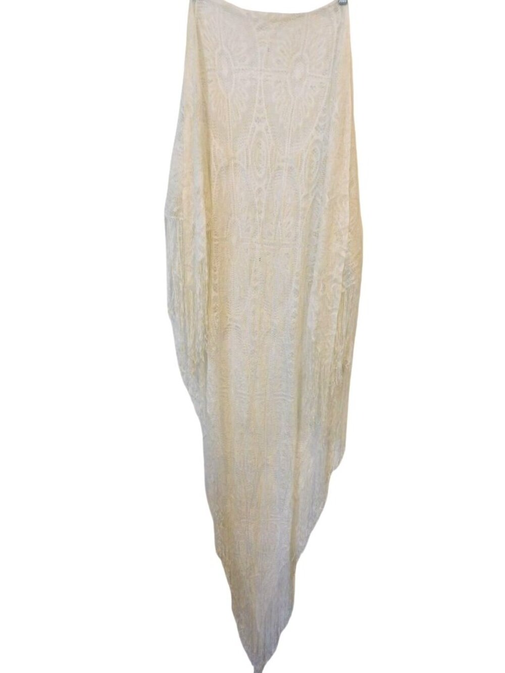 Vintage Cream Off White Crocheted Fringe Shawl Intricate Pattern 54" x 62"